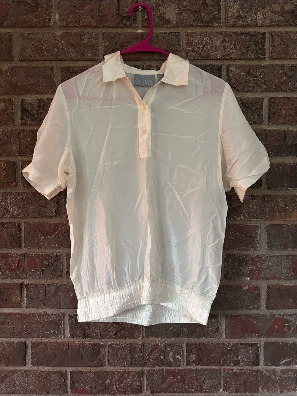 VTG Accent on You 100% Silk Polo Blouse Cream Ivory Elastic Waist Top Small